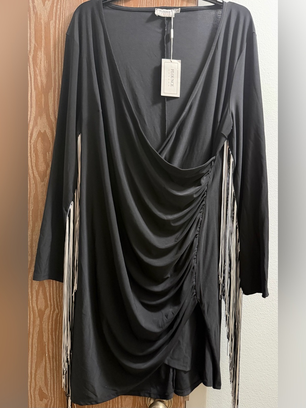 Elegance by Black Draped Fringe Long-Sleeve Dress